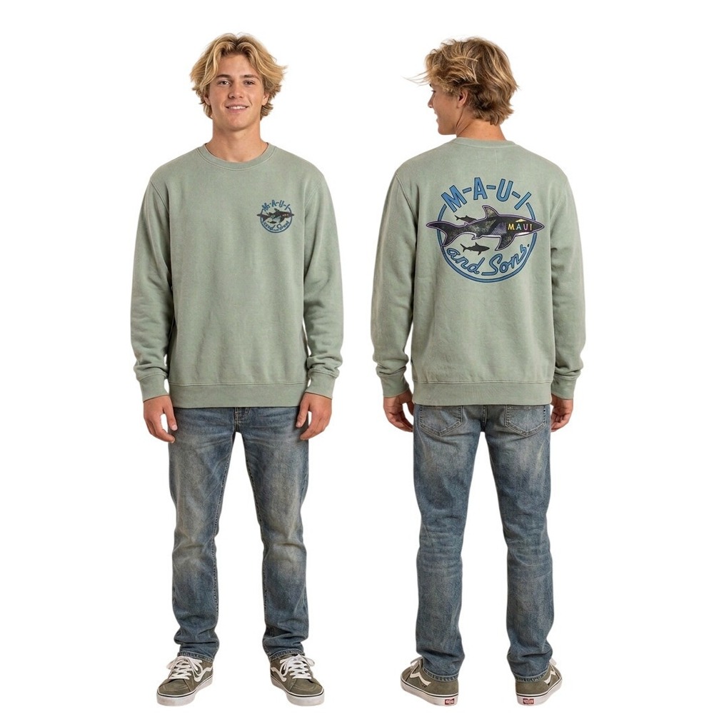 Maui and‎ Sons Mens Sage Green Shark Graphic Crewneck Sweatshirt Size M
